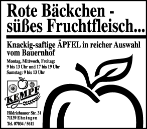 Anzeigenserie in Regionalzeitung, Kunde: Obsthof Kempf, Ehningen