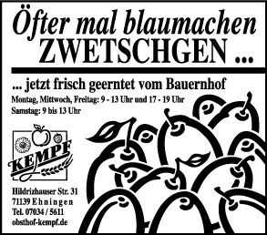 Anzeigenserie in Regionalzeitung, Kunde: Obsthof Kempf, Ehningen